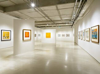 Poster - A white wall with an empty square frame in the middle of a modern art gallery, with soft lighting and a sleek concrete floor. The room is spacious and bright, with various framed paintings.