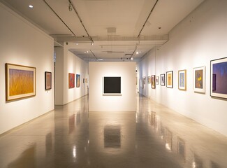 Poster - A white wall with an empty square frame in the middle of a modern art gallery, with soft lighting and a sleek concrete floor. The room is spacious and bright, with various framed paintings.