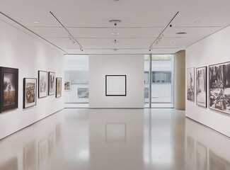 Poster - A white wall with an empty square frame in the middle of a modern art gallery, with soft lighting and a sleek concrete floor. The room is spacious and bright, with various framed paintings.