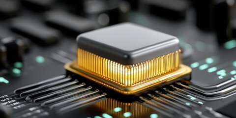Fototapete - A computer chip is lit up with a yellow light. The chip is on a black background. Concept of technology and innovation