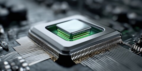 Poster - A computer chip is shown in a close up. The chip is green and has a square shape