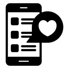 Poster - Smartphone with romantic message solid icon, mother day concept. Vector graphics. Phone with heart bubble sign on white background, glyph style mobile or design.