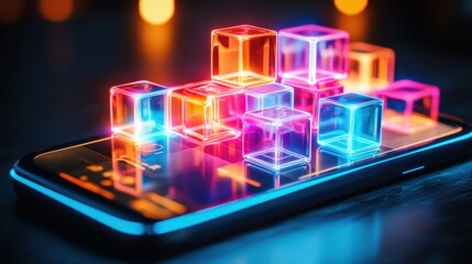 Futuristic neon cubes on smartphone screen reflecting digital innovation and technology trends.