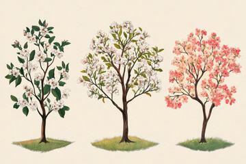 illustration of blossoming trees. vintage botanical illustration. spring set