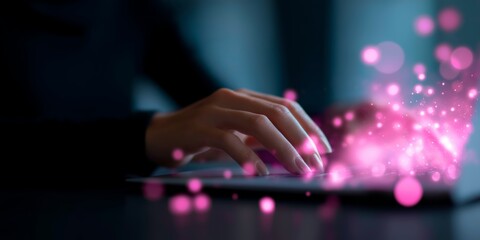 Poster - Creative digital workspace with hands typing on a laptop and colorful light effects enhancing the experience