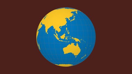 Poster - Rotating earth. Normal sphere view. Fast speed planet rotation. Solid color style. World map with sparse graticule lines on vivid background. Decent animation.