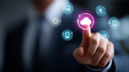 Poster - Business professional interacting with digital cloud technology in modern office setting