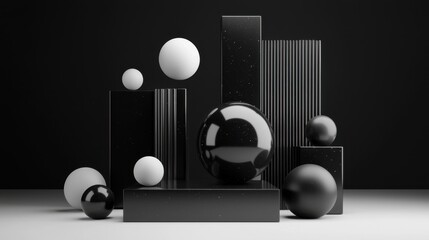 Poster - Floating geometric forms in grayscale over black background