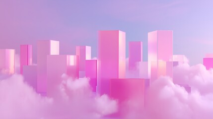 Poster - Modern abstract cityscape rises above fluffy clouds at sunrise, blending soft colors in a dreamy atmosphere
