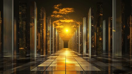 Poster - Glowing abstract yellow grid with luminous tech elements