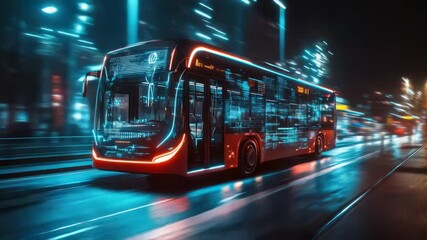 Poster - Self-driving electric bus moving through a futuristic city, highlighting smart technology, innovation, and modern urban transportation design. Evening neon illumination of the bus and the city