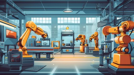 Aufkleber - 機械アームが並ぶ近未来的な工場内部の風景 オレンジと青色の配色とピクセルアートスタイル