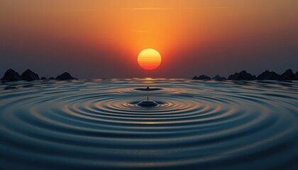 Poster - Sunset ripple effect over calm water serene landscape nature photography tranquil environment wide-angle view peaceful concept for relaxation