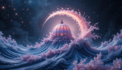 Poster - Surreal cosmic waves surrounding celestial dome dreamlike ocean digital artwork mystical environment aerial perspective