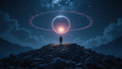 Poster - Exploration of cosmic wonders a figure standing on a mountain stargazing at a celestial sphere night sky surreal landscape awe-inspiring concept