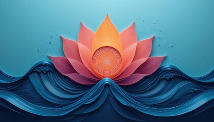 Poster - Serene lotus flower rising from calming ocean waves vibrant digital art tranquil environment close-up perspective spiritual concept