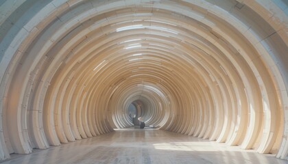 Poster - Interior architectural design of a curved wooden hallway modern building photography indoor environment wide-angle view contemporary aesthetics
