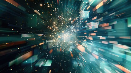 Poster - Experience a captivating 3D optical illusion featuring a glitch texture that creates a sense of floating in a vibrant, dynamic space filled with light.