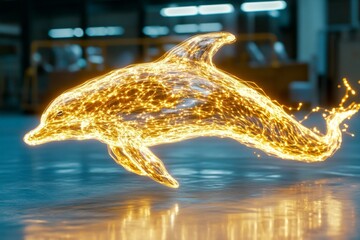Poster - A Delphinus (mythical golden dolphin) swimming through an enchanted sea, leaving trails of magical light