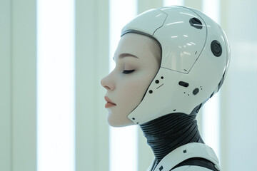 Aufkleber - serene female figure in futuristic sci fi fashion with sleek helmet