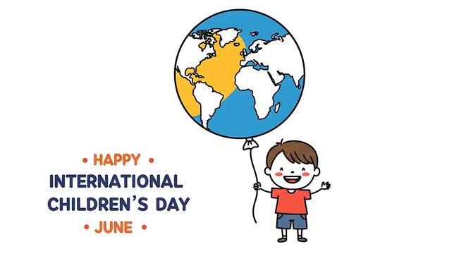 international Children’s Day  Line art of a child holding a balloon shaped like a globe. Use bright primary colors (red, blue, yellow) on a white background.