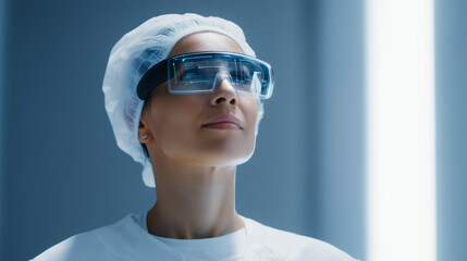 Poster - woman wearing protective glasses and hairnet in futuristic medical setting