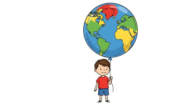 international Children’s Day  Line art of a child holding a balloon shaped like a globe. Use bright primary colors (red, blue, yellow) on a white background.