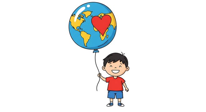 international Children’s Day  Line art of a child holding a balloon shaped like a globe. Use bright primary colors (red, blue, yellow) on a white background.