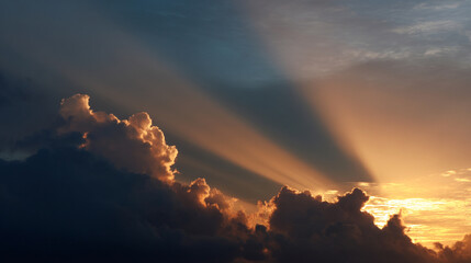 Poster - Golden sunrise illuminates dramatic clouds with radiant beams, creating breathtaking morning sky