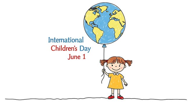 nternational Children’s Day (June 1)*  
   Line art of a child holding a balloon shaped like a globe. Use bright primary colors (red, blue, yellow) on a white background.
