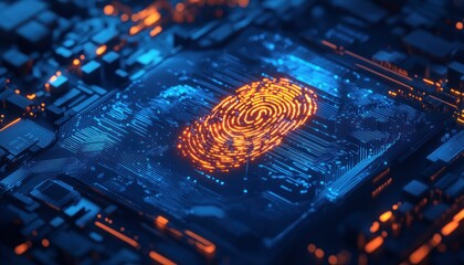 Poster - Biometric Security Concept: Glowing Fingerprint on Electronic Circuit Board