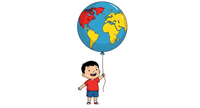 international Children’s Day  Line art of a child holding a balloon shaped like a globe. Use bright primary colors (red, blue, yellow) on a white background.