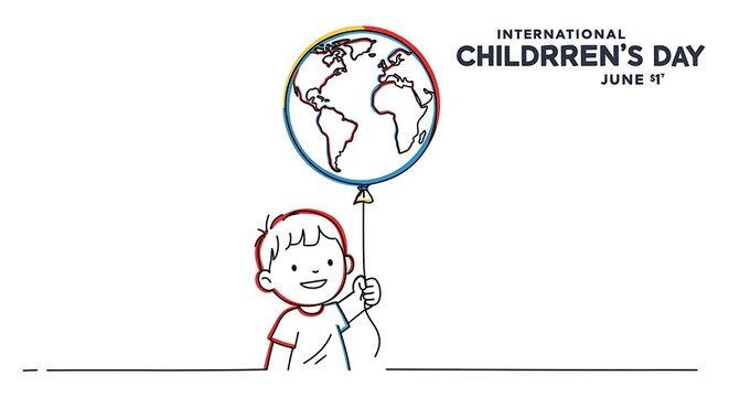 international Children’s Day  Line art of a child holding a balloon shaped like a globe. Use bright primary colors (red, blue, yellow) on a white background.