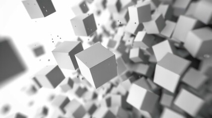 Poster - An abstract representation of medium sized white boxes appearing to fall from above, creating a dynamic visual effect in a minimalistic space. Ideal for modern design concepts.