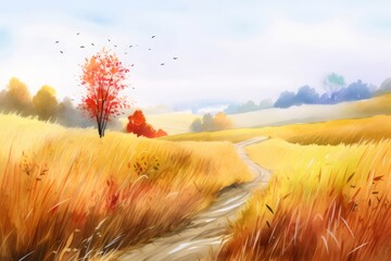 Poster - 水彩画の黄金色の草原と小道と鮮やかな紅葉の風景 日中の穏やかな自然の風景