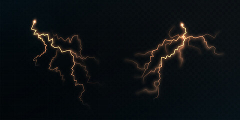 Poster - Orange glowing lightning bolts with electric discharge on dark transparent background. Vector illustration for energy effects, sci-fi visuals, storm scenes or energy related projects.