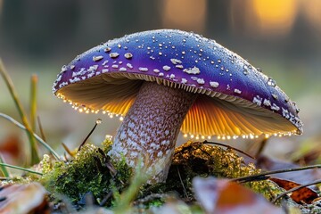 Poster - A tiny mushroom glowing with dew at sunrise, reflecting golden light