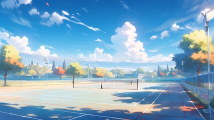 Poster - 青空の下 広々とした公園の風景 鮮やかな緑の木々 穏やかな雰囲気のイラスト