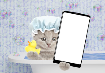Leinwandbilder - Cute kitten wearing showert cap takes the bath at home, holds rubber duck and shows big smartphone with white blank screen in it paw. Top down view