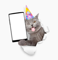 Poster - Winking funny cat with tongue out wearing party cap showing smartphone with white blank screen in it paw through torn white paper hole. Empty free space for mock up, banner