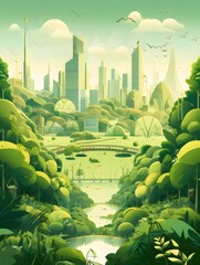 Poster - 美しい緑豊かな都市の風景 晴れた日の明るい光 自然と都市の調和したイラスト
