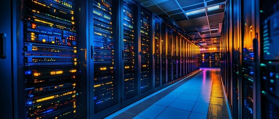 Server racks line a corridor in a data center with blue and orange lighting.