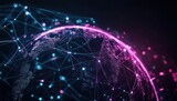 Abstract globe with interconnected network of lines and dots in blue and pink.