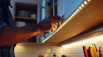 Wall Mural - Electrician installing LED lighting under kitchen cabinets. Highlighting home automation and lighting upgrades