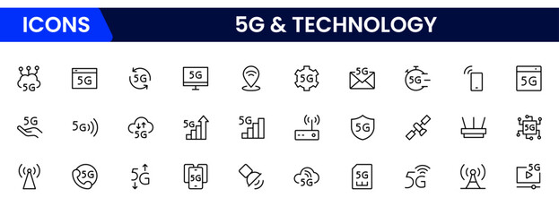 5G banner web icon for business and technology, speed, signal, network, technology, big data, IoT, and traffic icons.