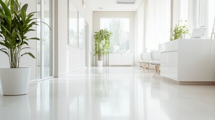 Poster - Modern hallway filled with natural light featuring plants and white decor in a contemporary building