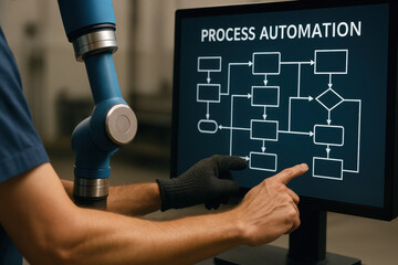 Poster - A close-up view a person using a touchscreen display to navigate a flowchart related to process automation highlighting the importance strategic planning in business