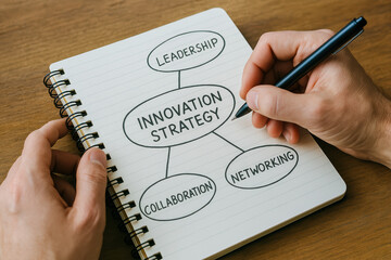 Poster - A person outlines an innovation strategy emphasizing leadership collaboration networking and strategic decision making to drive business growth efficiently