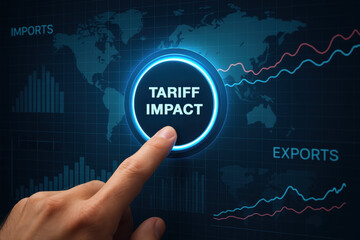 Poster - A closeup a hand about to tap a glowing button labeled 'tariff impact' on a digital dashboard showcasing global trade graphs related to imports and exports highlighting business strategy