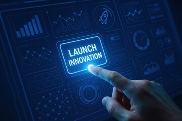 Poster - A hand interacting with a digital interface symbolizes leadership and strategy to launch innovation driving business growth and informed decision making